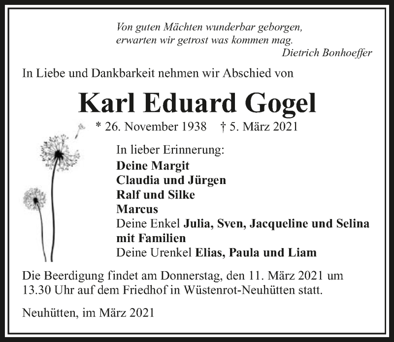  Traueranzeige für Karl Eduard Gogel vom 10.03.2021 aus GESAMT