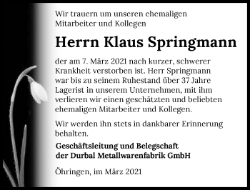 Traueranzeige von Klaus Springmann von GESAMT