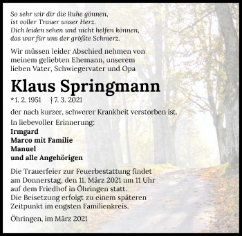 Traueranzeige von Klaus Springmann von GESAMT