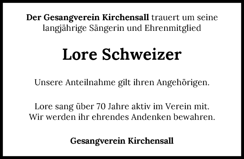  Traueranzeige für Lore Schweizer vom 20.03.2021 aus GESAMT