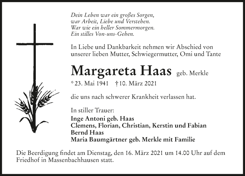  Traueranzeige für Margareta Haas vom 13.03.2021 aus GESAMT