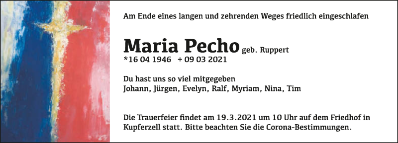  Traueranzeige für Maria Pecho vom 13.03.2021 aus GESAMT