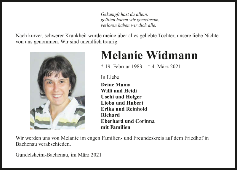  Traueranzeige für Melanie Widmann vom 10.03.2021 aus GESAMT