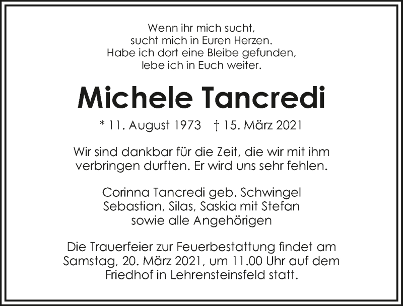  Traueranzeige für Michele Tancredi vom 17.03.2021 aus GESAMT