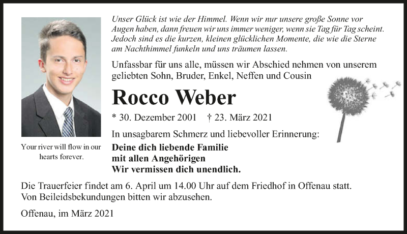  Traueranzeige für Rocco Weber vom 01.04.2021 aus GESAMT
