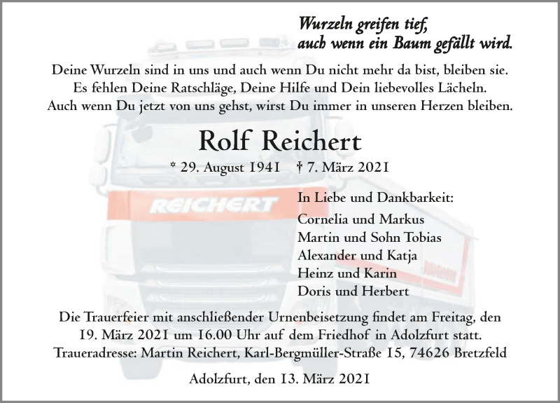  Traueranzeige für Rolf Reichert vom 13.03.2021 aus GESAMT