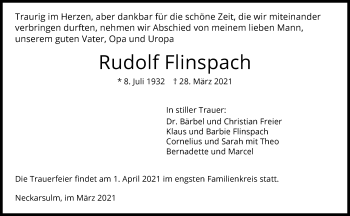 Traueranzeige von Rudolf Flinspach von GESAMT