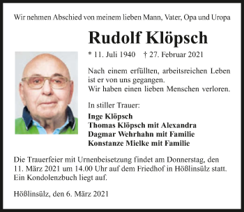 Traueranzeige von Rudolf Klöpsch von GESAMT