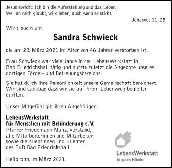 Traueranzeige von Sandra Schwieck von GESAMT