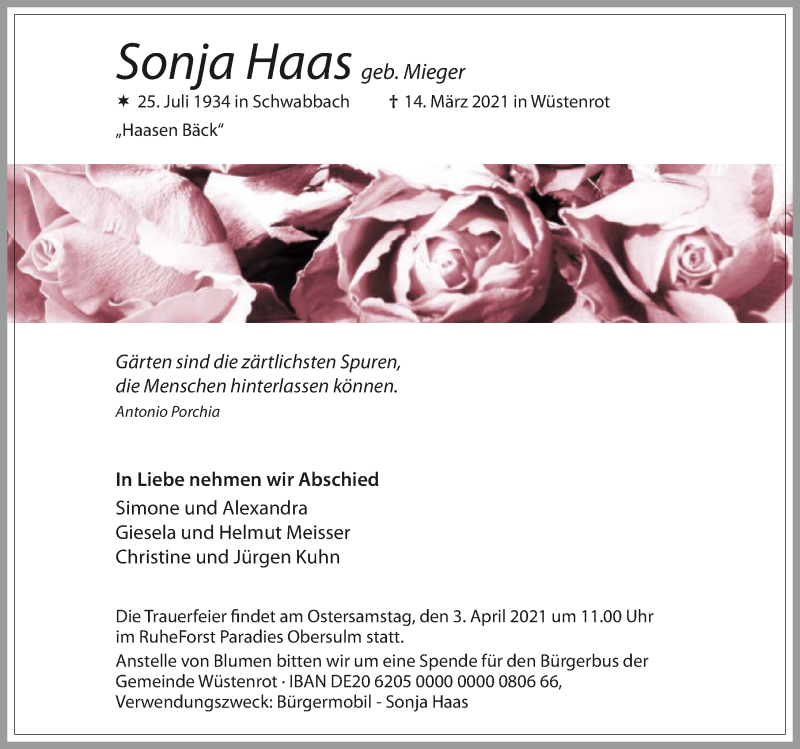  Traueranzeige für Sonja Haas vom 20.03.2021 aus GESAMT