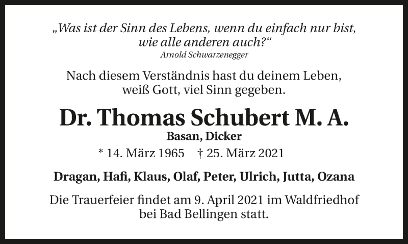 Traueranzeige für Thomas Schubert vom 01.04.2021 aus GESAMT