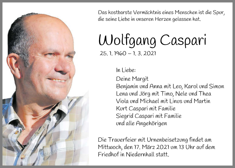  Traueranzeige für Wolfgang Caspari vom 13.03.2021 aus GESAMT
