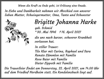 Traueranzeige von Brigitte Johanna Harke von GESAMT