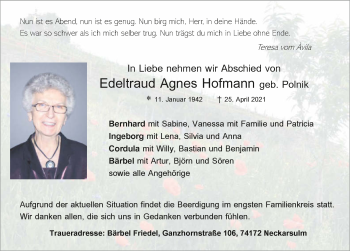 Traueranzeige von Edeltraud Agnes Hofmann von GESAMT