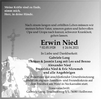 Traueranzeige von Erwin Nied von GESAMT