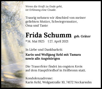 Traueranzeige von Frida Schumm von GESAMT