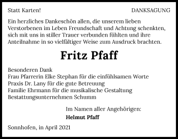 Traueranzeige von Fritz Pfaff von GESAMT