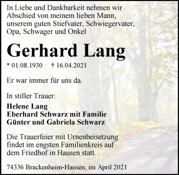 Traueranzeige von Gerhard Lang von GESAMT