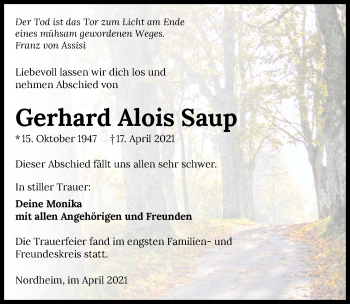 Traueranzeige von Gerhard Alois Saup von GESAMT