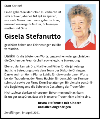 Traueranzeige von Gisela Stefanutto von GESAMT