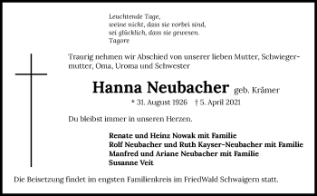 Traueranzeige von Hanna Neubacher von GESAMT