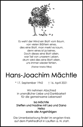 Traueranzeige von Hans-Joachim Mächtle von GESAMT