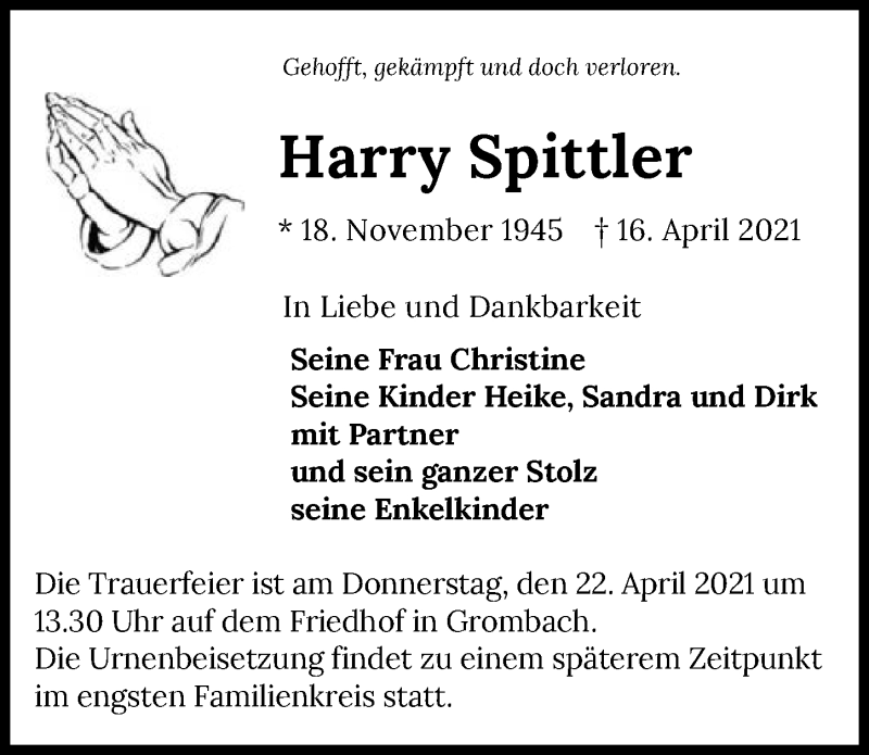  Traueranzeige für Harry Spittler vom 21.04.2021 aus GESAMT