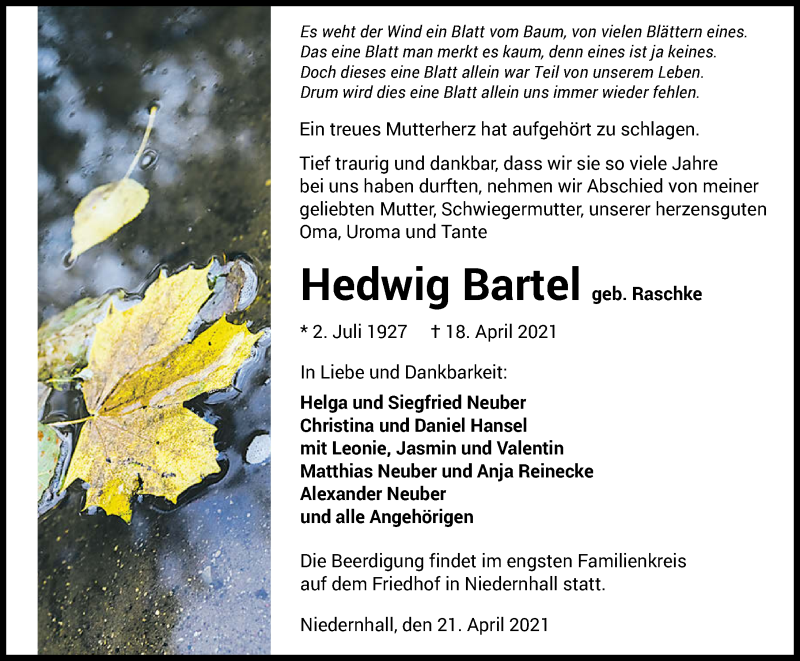  Traueranzeige für Hedwig Bartel vom 21.04.2021 aus GESAMT