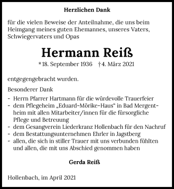 Traueranzeige von Hermann Reiß von GESAMT