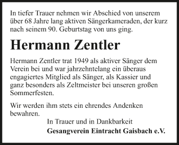 Traueranzeige von Hermann Zentler von GESAMT