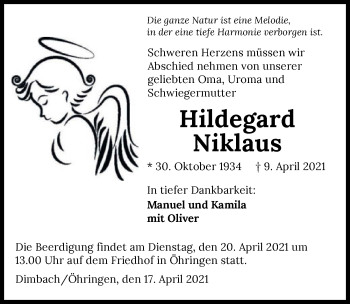 Traueranzeige von Hildegard Niklaus von GESAMT