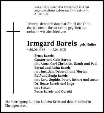 Traueranzeige von Irmgard Bareis von GESAMT