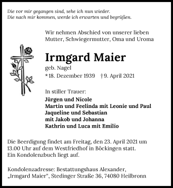 Traueranzeige von Irmgard Maier von GESAMT