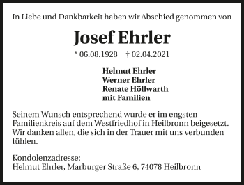 Traueranzeige von Josef Ehrler von GESAMT