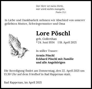 Traueranzeige von Lore Pöschl von GESAMT