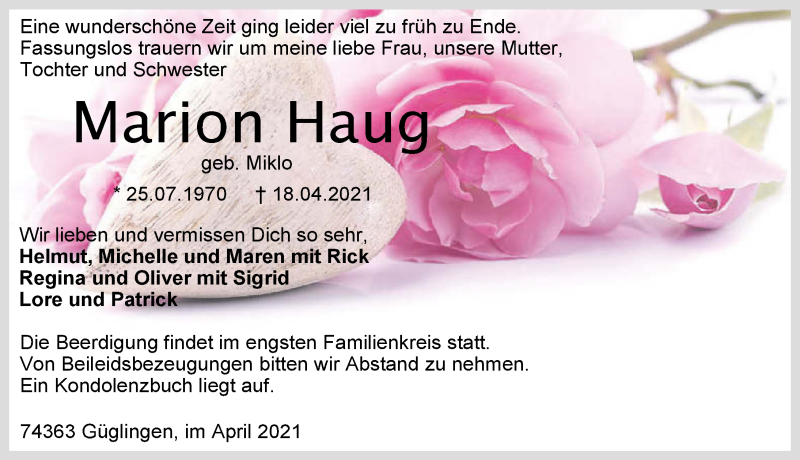  Traueranzeige für Marion Haug vom 24.04.2021 aus GESAMT