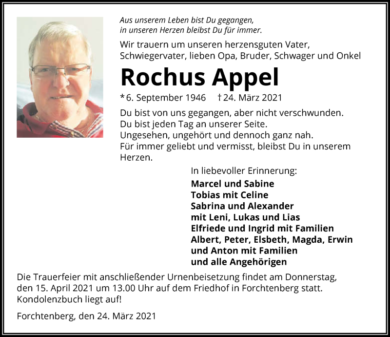  Traueranzeige für Rochus Appel vom 13.04.2021 aus GESAMT