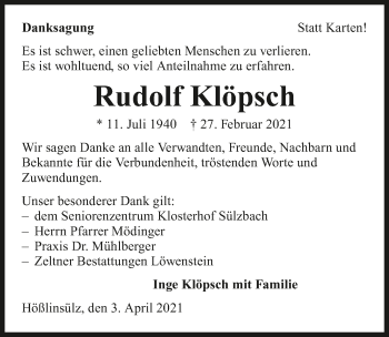 Traueranzeige von Rudolf Klöpsch von GESAMT