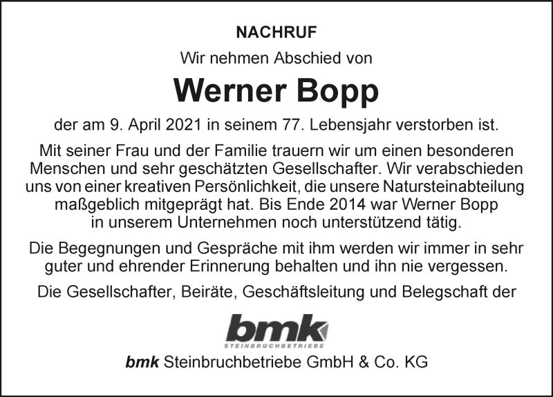  Traueranzeige für Werner Bopp vom 17.04.2021 aus GESAMT