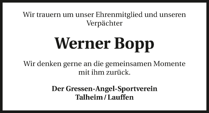  Traueranzeige für Werner Bopp vom 17.04.2021 aus GESAMT
