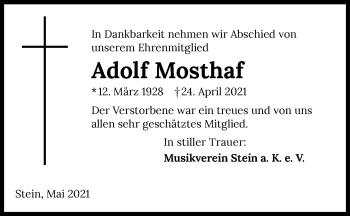 Traueranzeige von Adolf Mosthaf von GESAMT