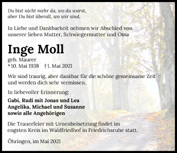 Traueranzeige von Inge Moll von GESAMT