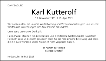 Traueranzeige von Karl Kutterolf von GESAMT