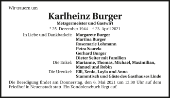 Traueranzeige von Karlheinz Burger