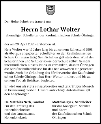 Traueranzeige von Lothar Wolter von GESAMT