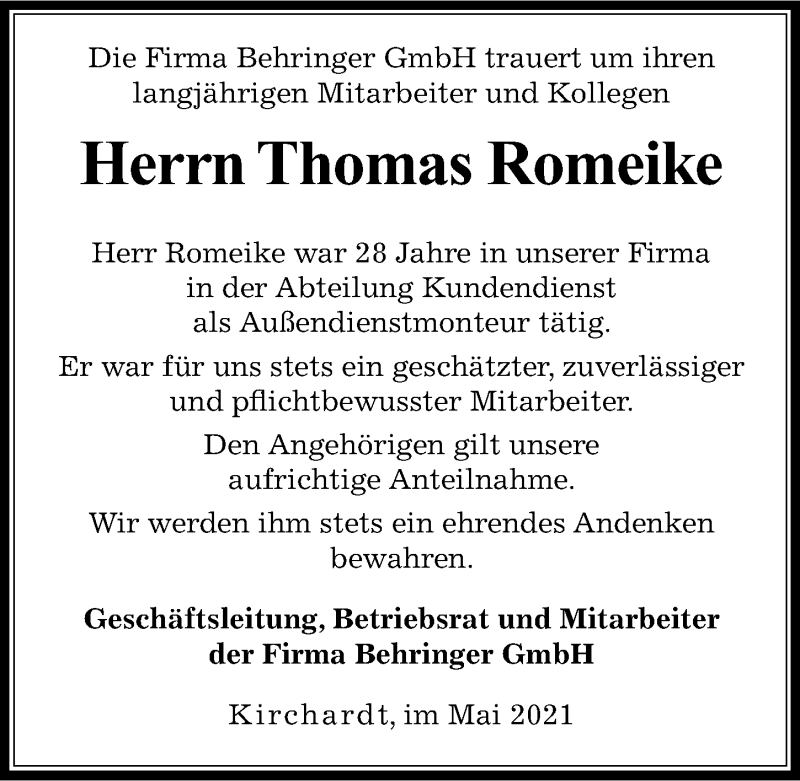  Traueranzeige für Thomas Romeike vom 08.05.2021 aus GESAMT