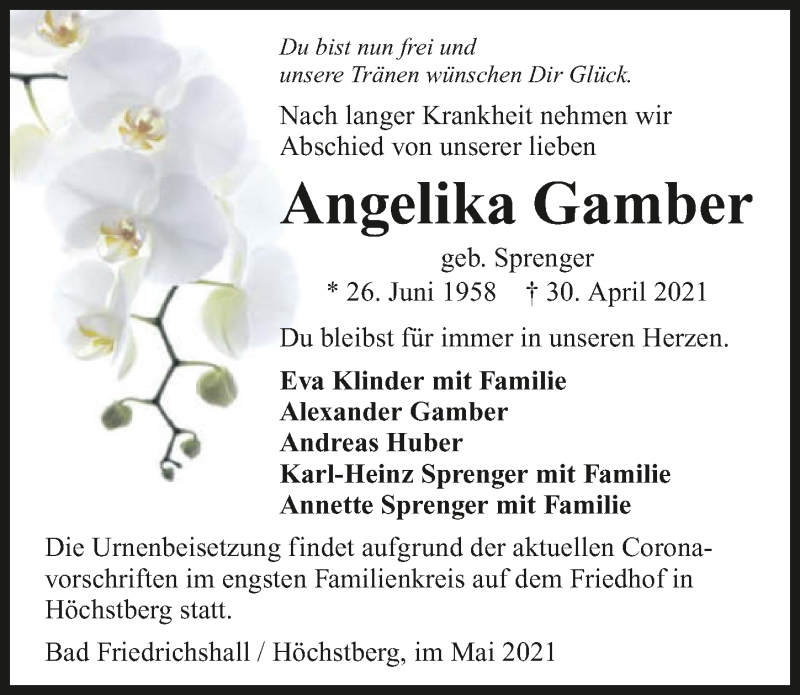  Traueranzeige für Angelika Gamber vom 15.05.2021 aus GESAMT