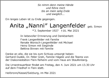 Traueranzeige von Anita Langenfelder von GESAMT