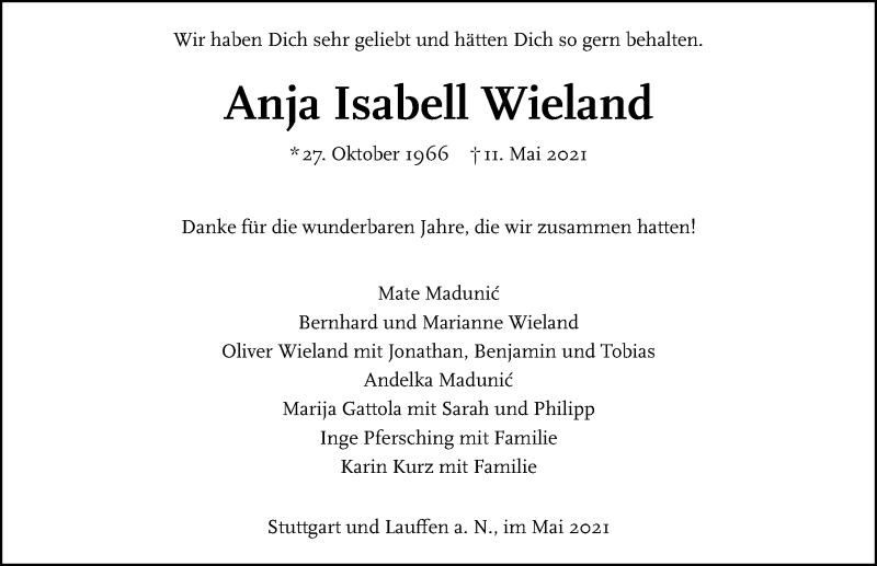 Traueranzeige für Anja Isabell Wieland vom 15.05.2021 aus GESAMT