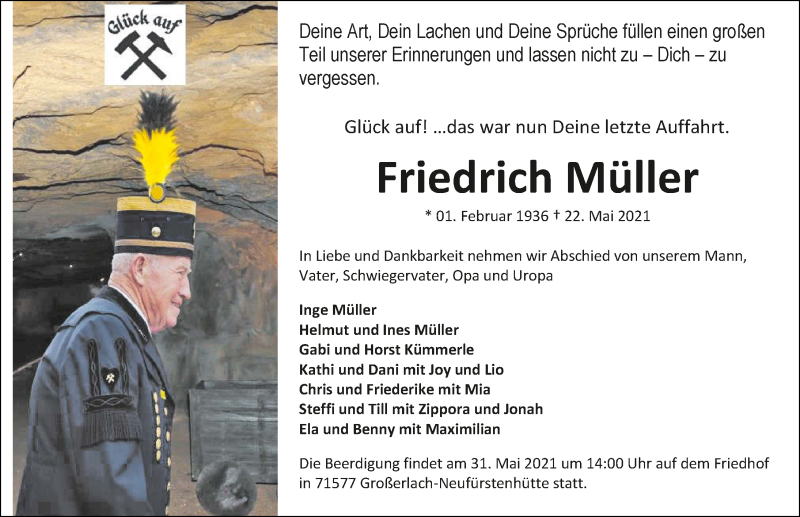  Traueranzeige für Friedrich Müller vom 27.05.2021 aus GESAMT
